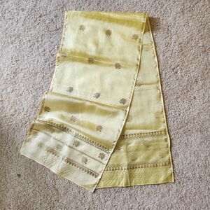 Yellow & Gold Long Silk Scarf India 11 x 48" Shawl Wrap Metallic Thread Floral